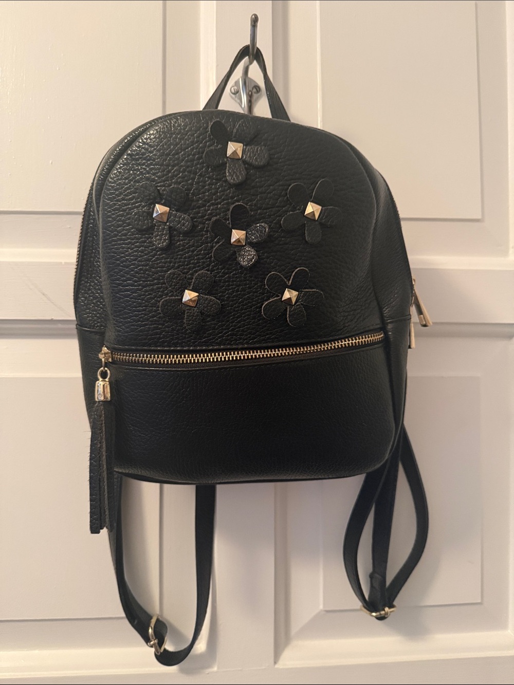 Black Floral Appliqué Mini Backpack with Gold Studs